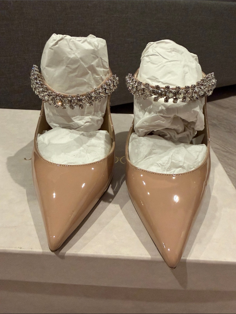 Jimmy Choo Beige Patent Leather Crystal-Embellished Pointed Mules - Picture 5 of 6